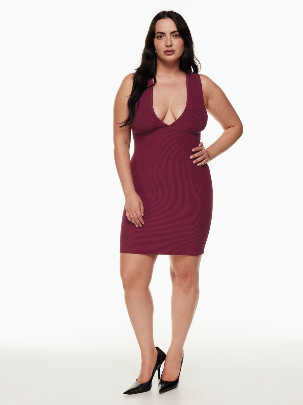 Babaton Deep V Dress Mini Sculpt Stretch Sleeveless Plunging Ribbed Knit Aritzia